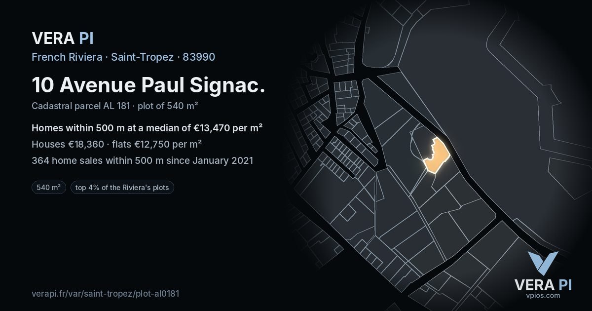 10 Avenue Paul Signac, Saint-Tropez at night – the plot lit, the parcels around coloured by the prices near them
