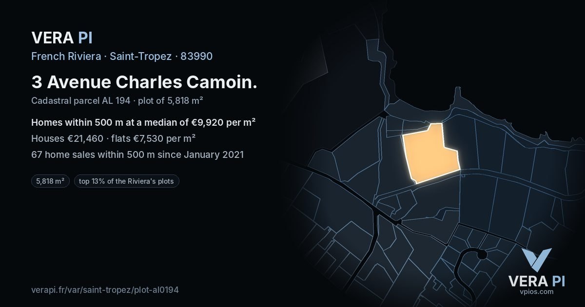 3 Avenue Charles Camoin, Saint-Tropez at night – the plot lit, the parcels around coloured by the prices near them