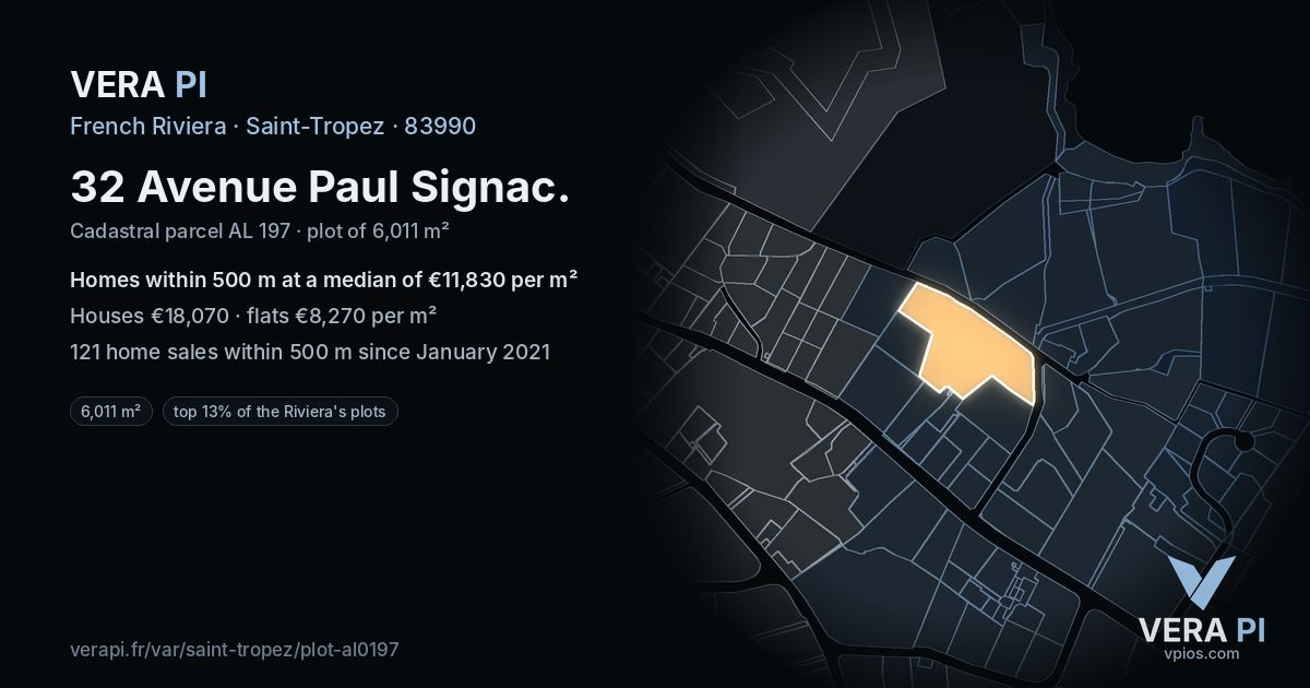 32 Avenue Paul Signac, Saint-Tropez at night – the plot lit, the parcels around coloured by the prices near them