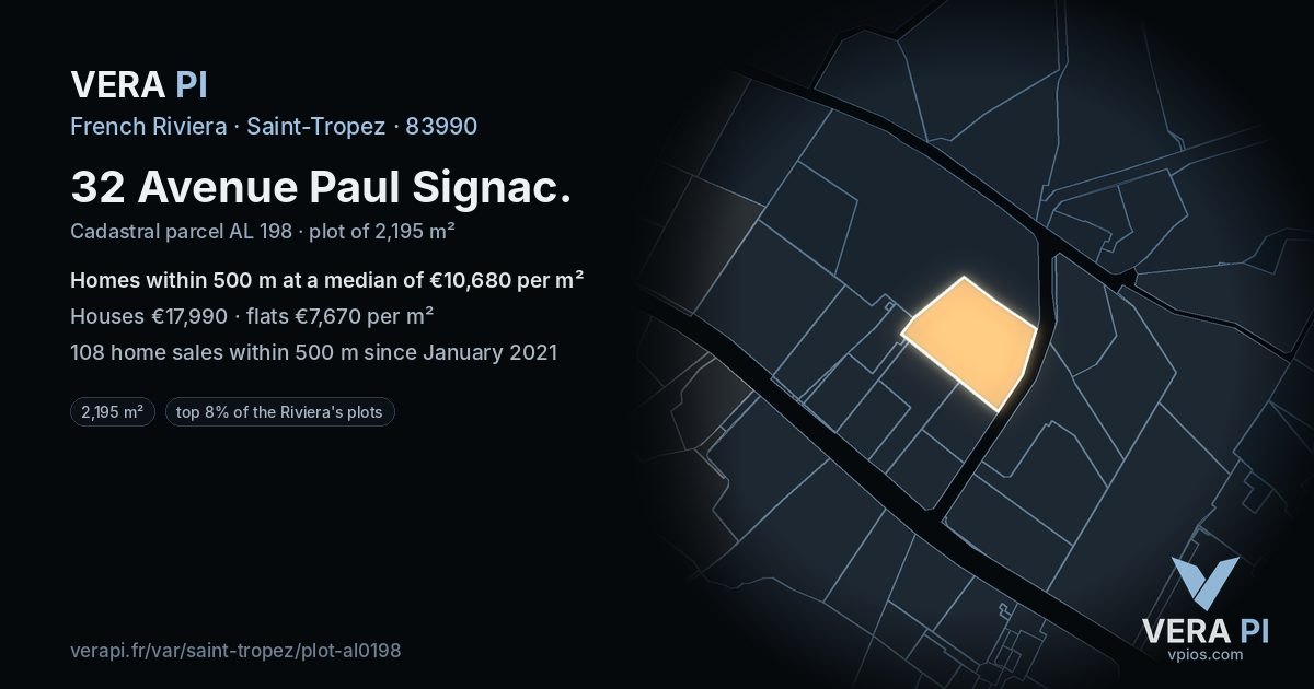 32 Avenue Paul Signac, Saint-Tropez at night – the plot lit, the parcels around coloured by the prices near them