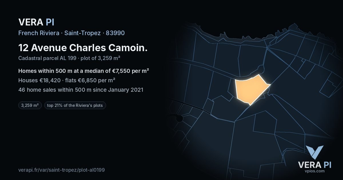 12 Avenue Charles Camoin, Saint-Tropez at night – the plot lit, the parcels around coloured by the prices near them