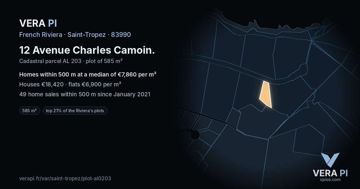 12 Avenue Charles Camoin, Saint-Tropez at night – the plot lit, the parcels around coloured by the prices near them