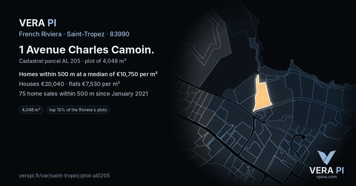 1 Avenue Charles Camoin, Saint-Tropez at night – the plot lit, the parcels around coloured by the prices near them
