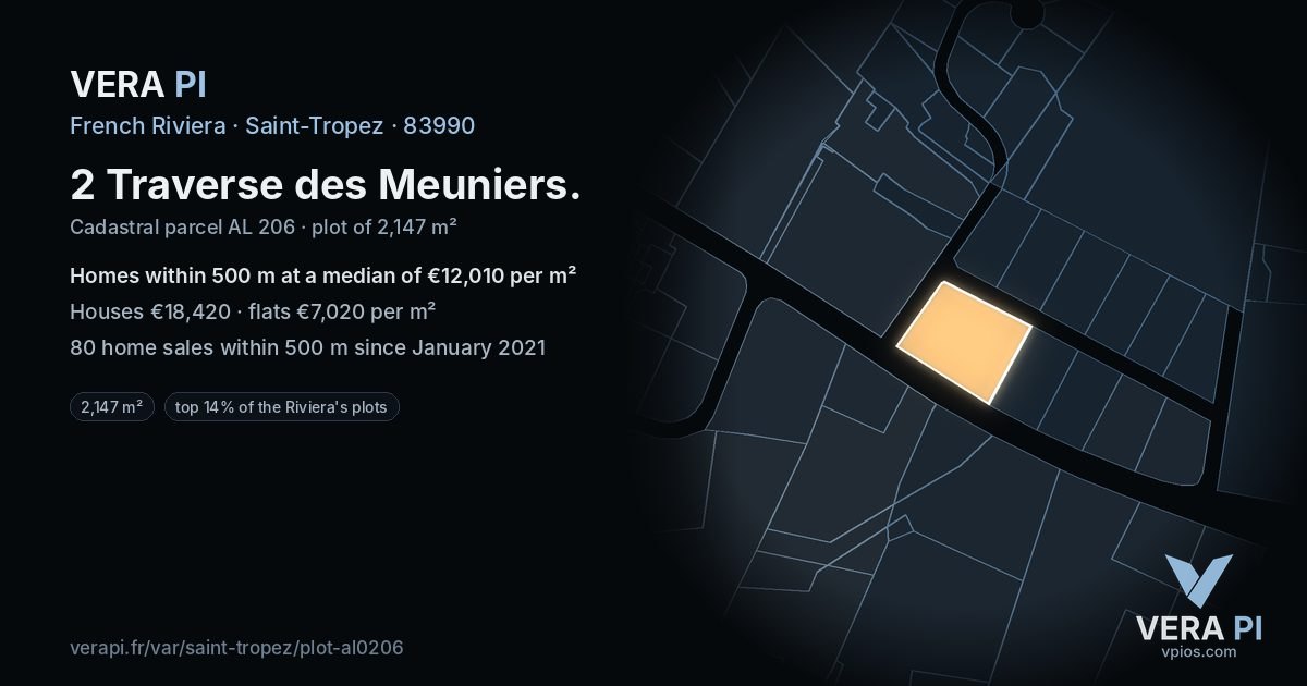 2 Traverse des Meuniers, Saint-Tropez at night – the plot lit, the parcels around coloured by the prices near them