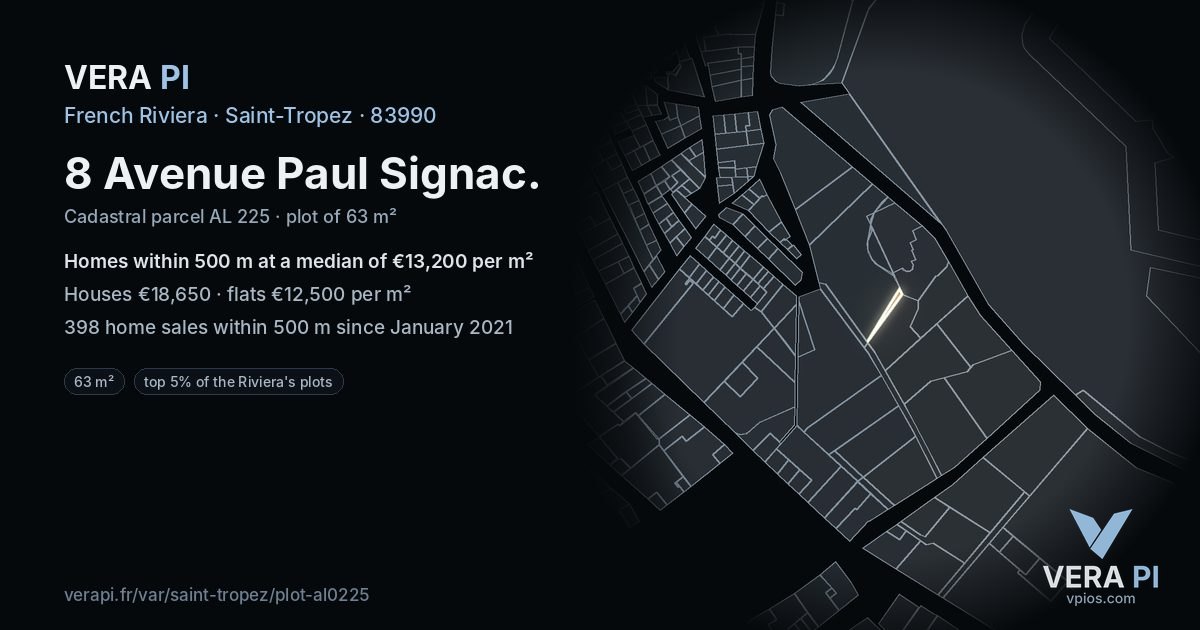 8 Avenue Paul Signac, Saint-Tropez at night – the plot lit, the parcels around coloured by the prices near them