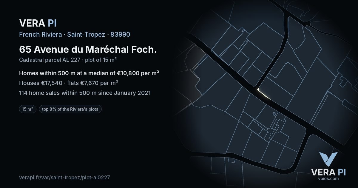 65 Avenue du Maréchal Foch, Saint-Tropez at night – the plot lit, the parcels around coloured by the prices near them
