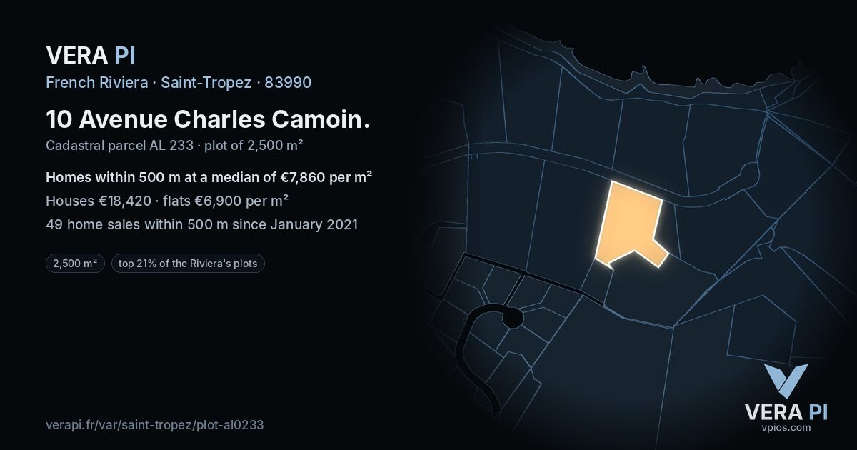 10 Avenue Charles Camoin, Saint-Tropez at night – the plot lit, the parcels around coloured by the prices near them