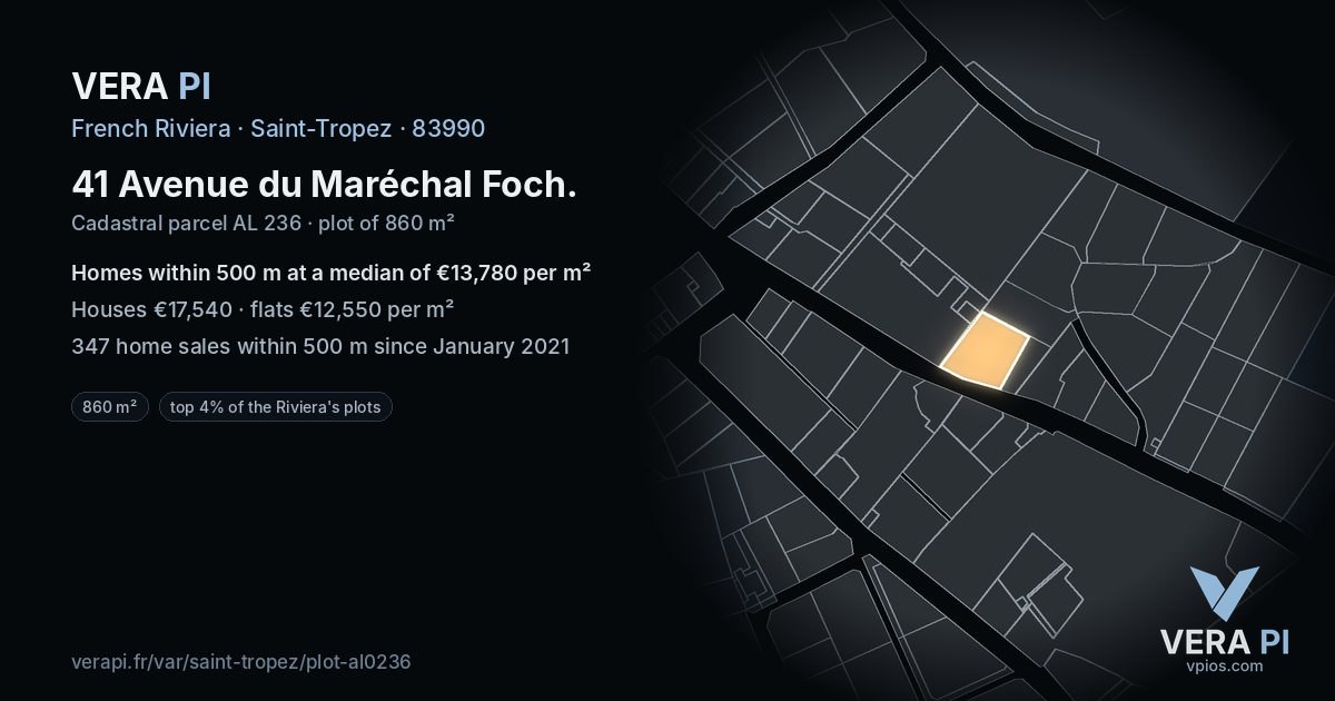 41 Avenue du Maréchal Foch, Saint-Tropez at night – the plot lit, the parcels around coloured by the prices near them