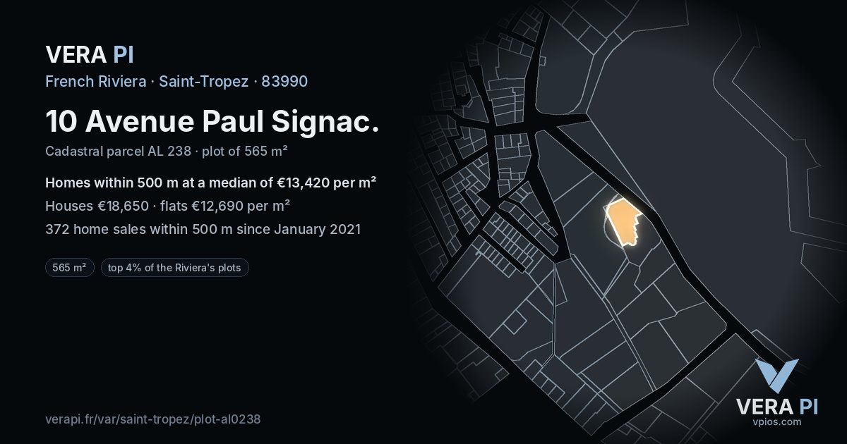10 Avenue Paul Signac, Saint-Tropez at night – the plot lit, the parcels around coloured by the prices near them