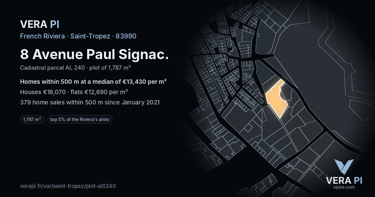 8 Avenue Paul Signac, Saint-Tropez at night – the plot lit, the parcels around coloured by the prices near them