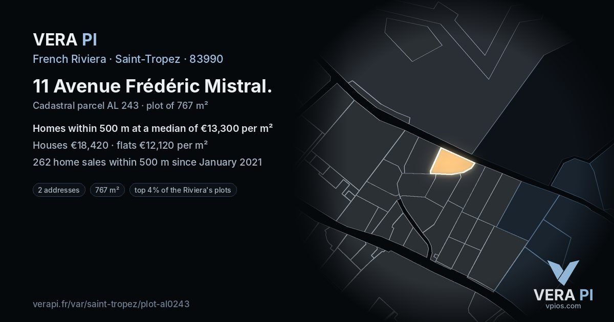 11 Avenue Frédéric Mistral, Saint-Tropez at night – the plot lit, the parcels around coloured by the prices near them
