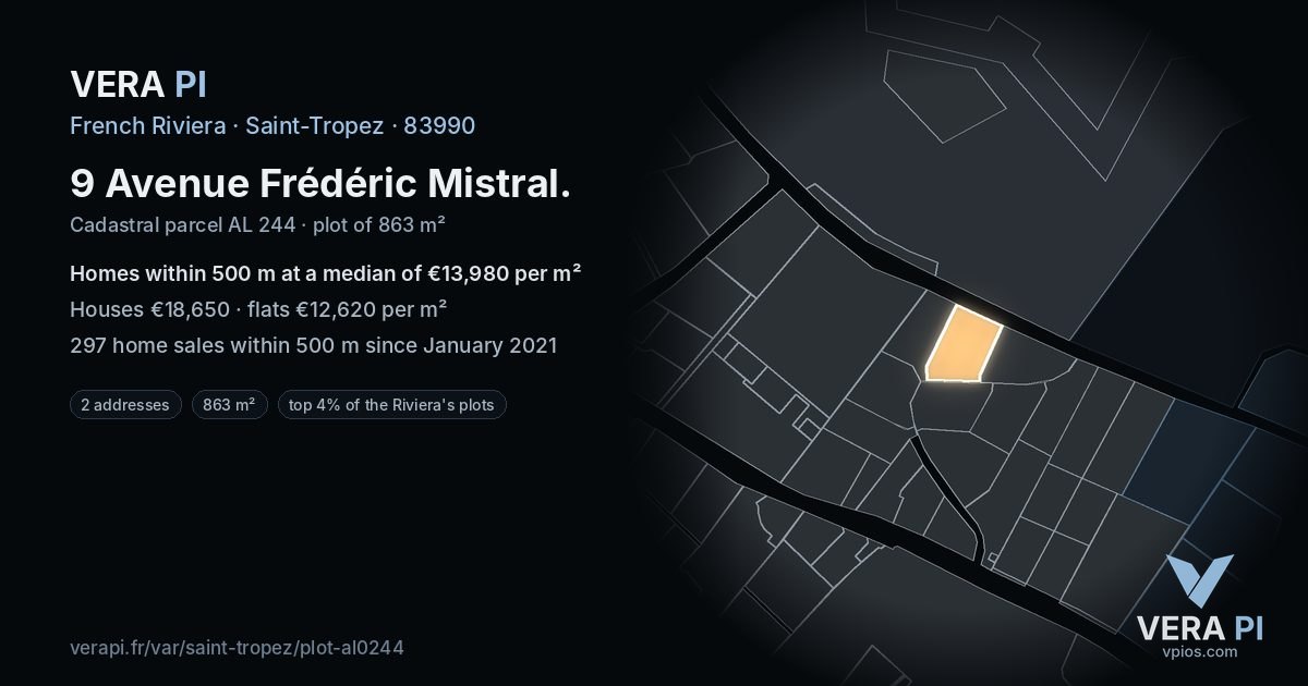9 Avenue Frédéric Mistral, Saint-Tropez at night – the plot lit, the parcels around coloured by the prices near them