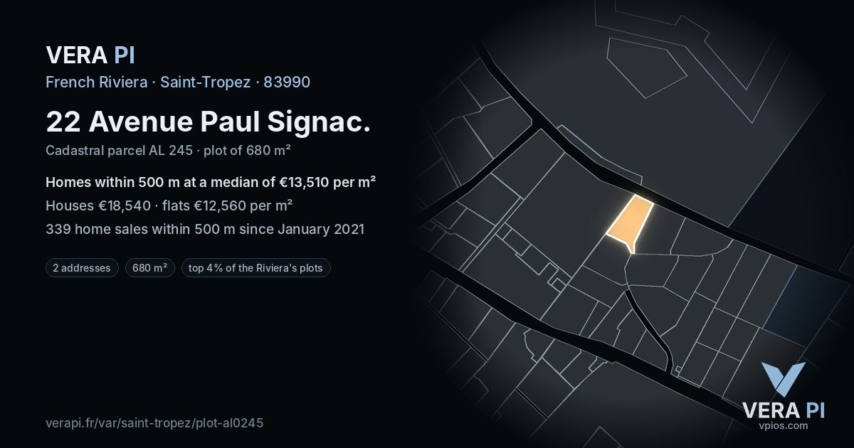 22 Avenue Paul Signac, Saint-Tropez at night – the plot lit, the parcels around coloured by the prices near them