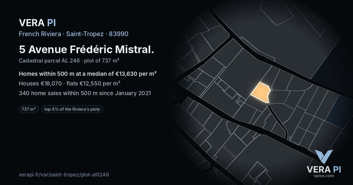 5 Avenue Frédéric Mistral, Saint-Tropez at night – the plot lit, the parcels around coloured by the prices near them