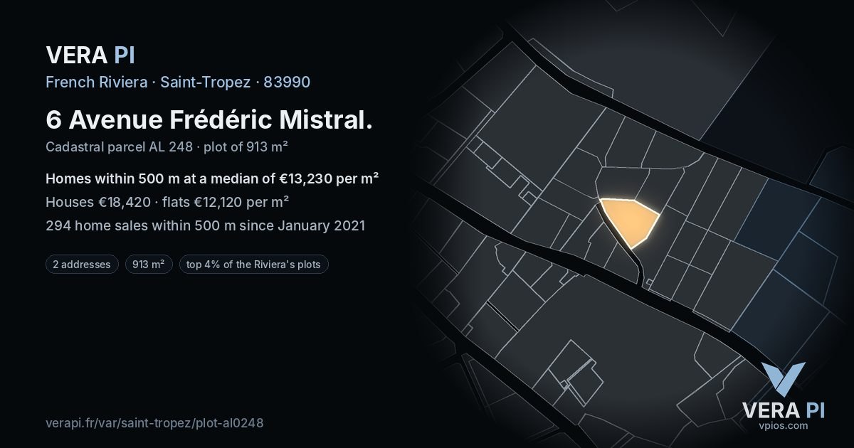 6 Avenue Frédéric Mistral, Saint-Tropez at night – the plot lit, the parcels around coloured by the prices near them