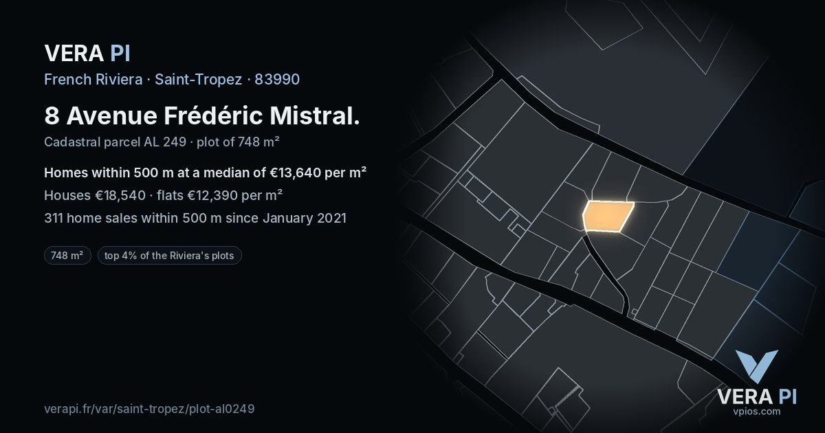 8 Avenue Frédéric Mistral, Saint-Tropez at night – the plot lit, the parcels around coloured by the prices near them
