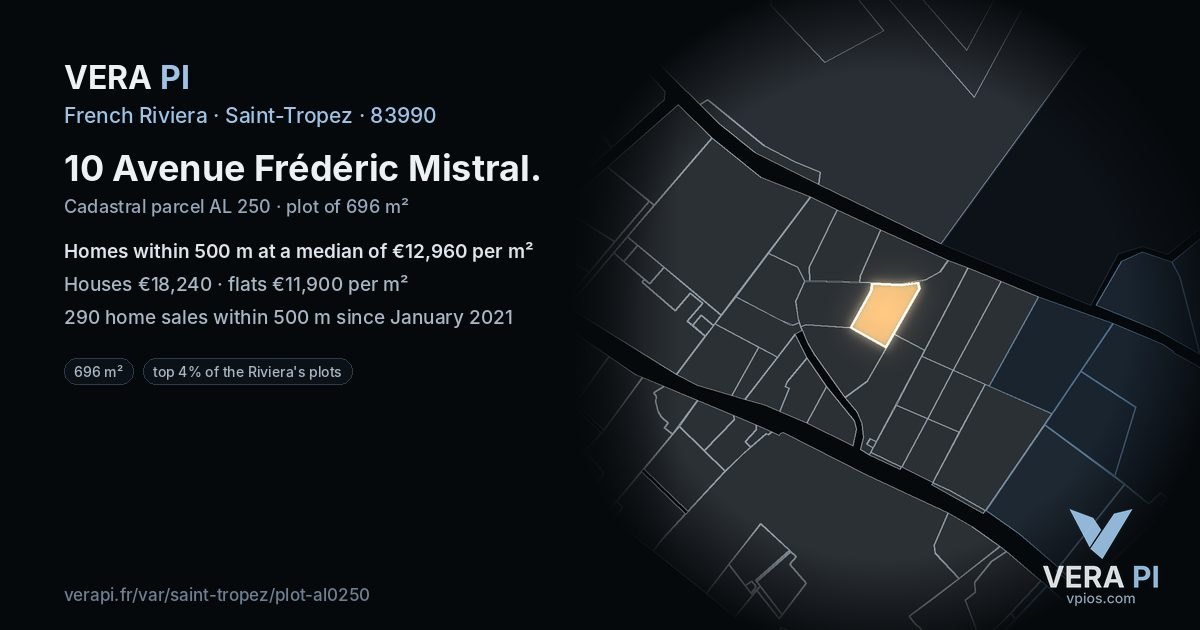 10 Avenue Frédéric Mistral, Saint-Tropez at night – the plot lit, the parcels around coloured by the prices near them