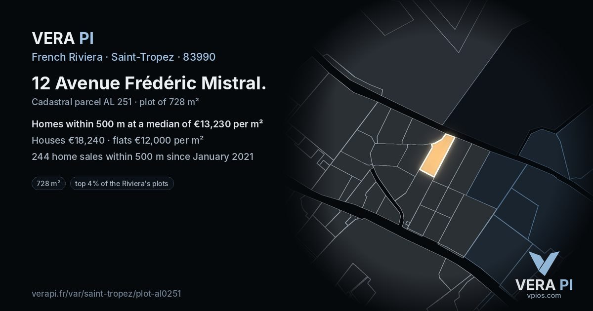 12 Avenue Frédéric Mistral, Saint-Tropez at night – the plot lit, the parcels around coloured by the prices near them