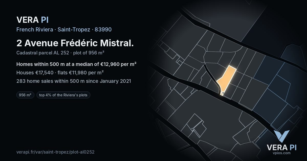 2 Avenue Frédéric Mistral, Saint-Tropez at night – the plot lit, the parcels around coloured by the prices near them