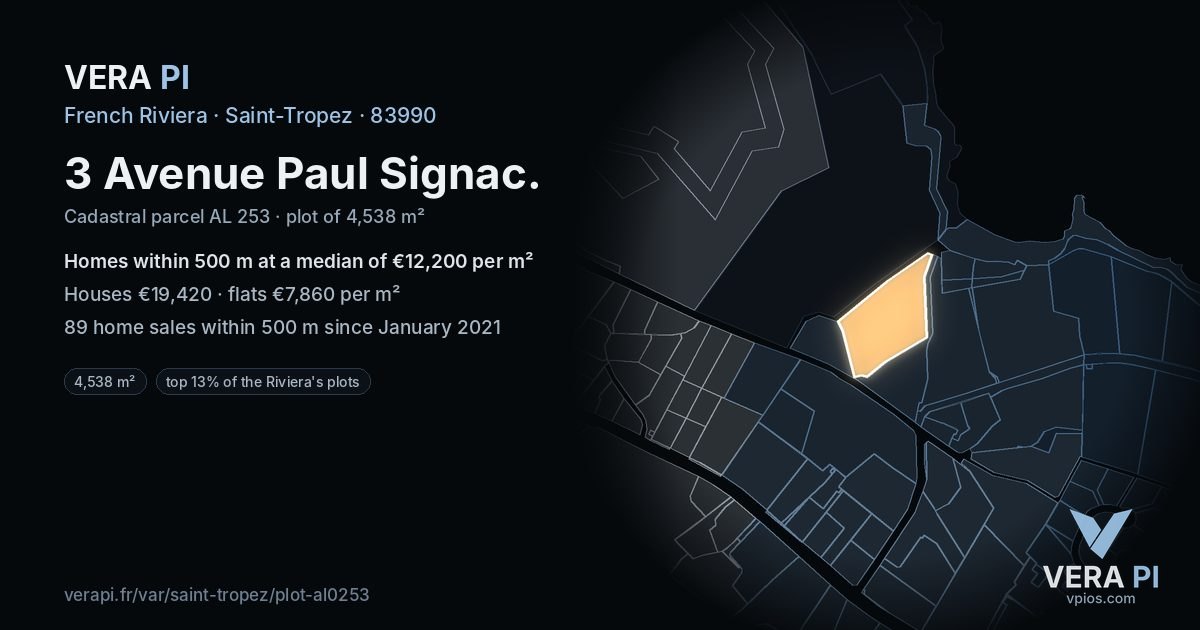 3 Avenue Paul Signac, Saint-Tropez at night – the plot lit, the parcels around coloured by the prices near them