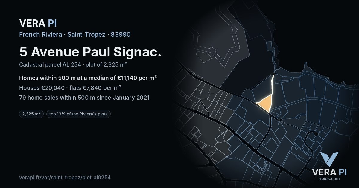5 Avenue Paul Signac, Saint-Tropez at night – the plot lit, the parcels around coloured by the prices near them