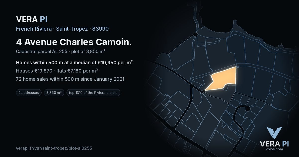 4 Avenue Charles Camoin, Saint-Tropez at night – the plot lit, the parcels around coloured by the prices near them