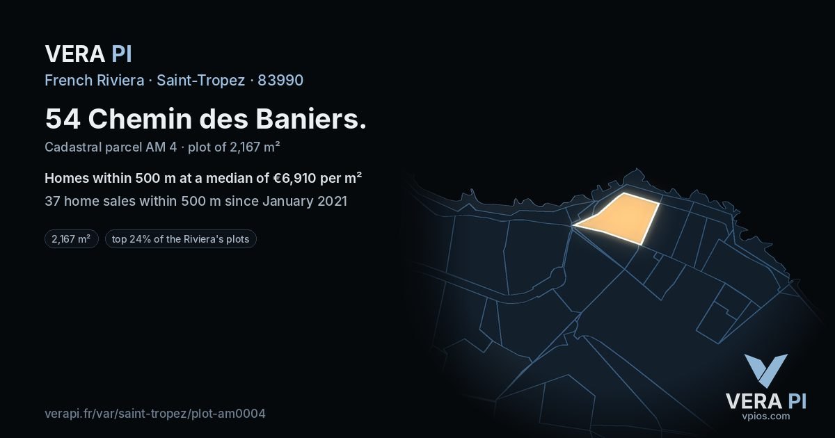 54 Chemin des Baniers, Saint-Tropez at night – the plot lit, the parcels around coloured by the prices near them