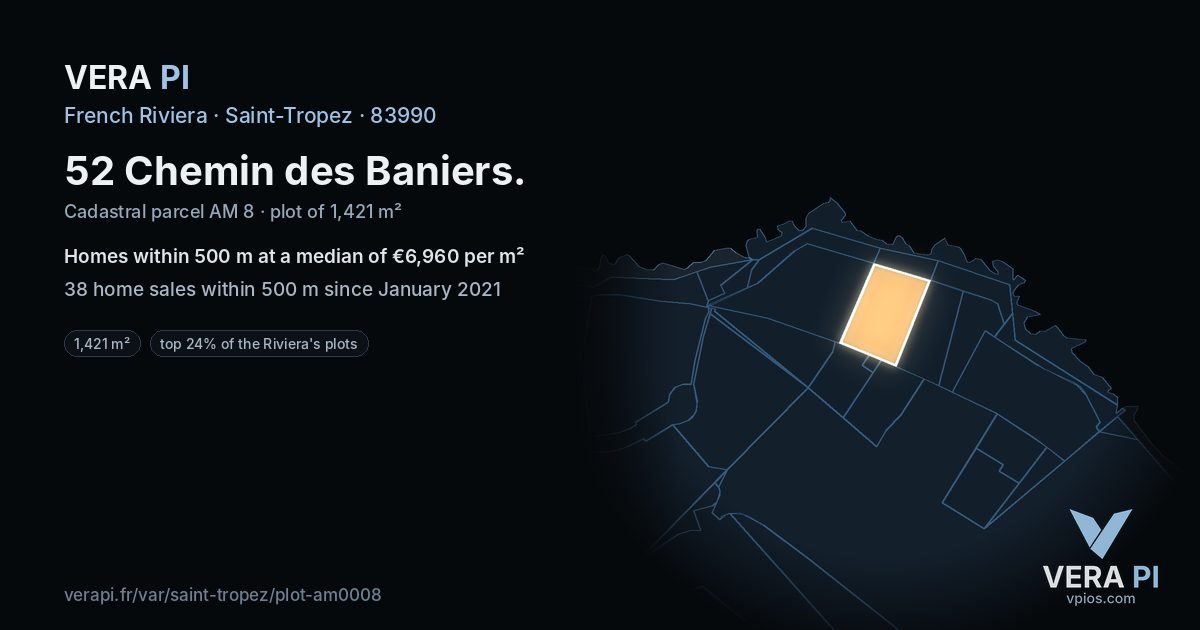 52 Chemin des Baniers, Saint-Tropez at night – the plot lit, the parcels around coloured by the prices near them