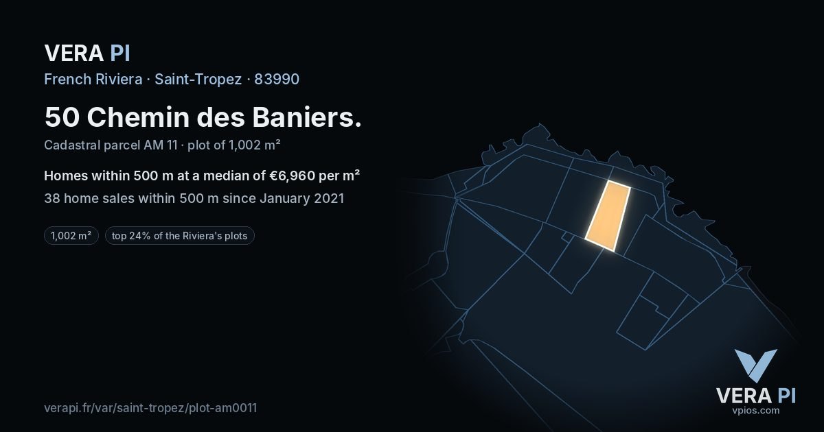 50 Chemin des Baniers, Saint-Tropez at night – the plot lit, the parcels around coloured by the prices near them
