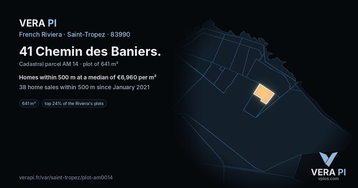 41 Chemin des Baniers, Saint-Tropez at night – the plot lit, the parcels around coloured by the prices near them