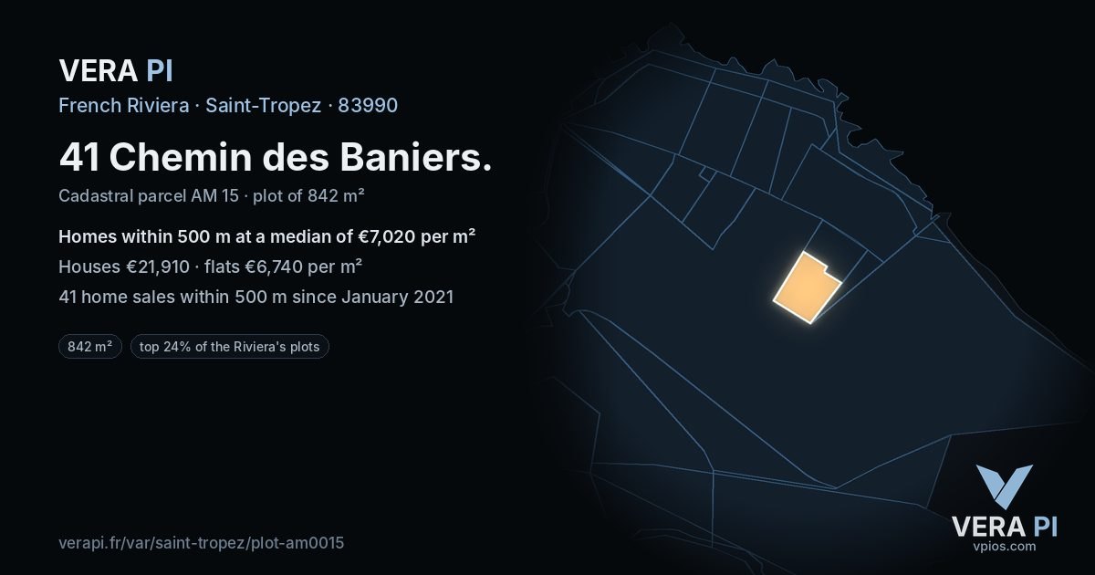 41 Chemin des Baniers, Saint-Tropez at night – the plot lit, the parcels around coloured by the prices near them