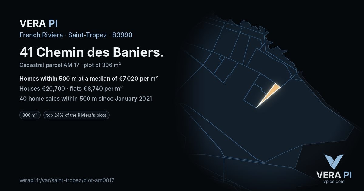 41 Chemin des Baniers, Saint-Tropez at night – the plot lit, the parcels around coloured by the prices near them
