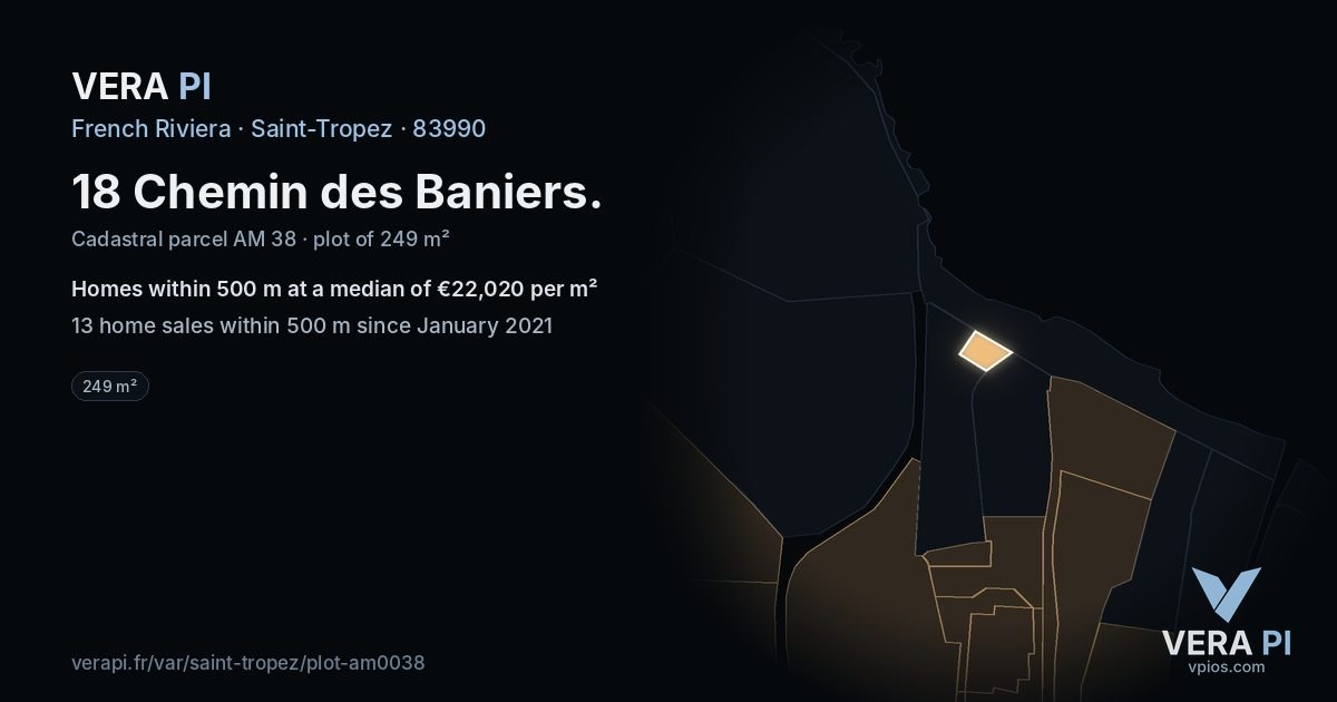 18 Chemin des Baniers, Saint-Tropez at night – the plot lit, the parcels around coloured by the prices near them