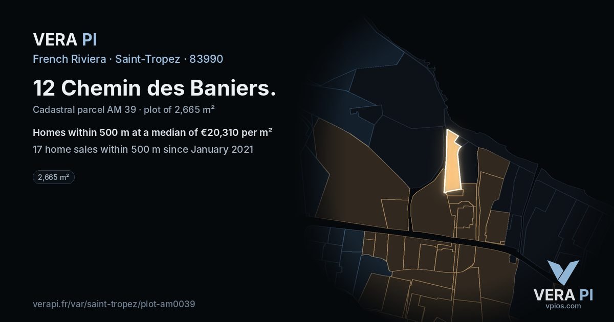 12 Chemin des Baniers, Saint-Tropez at night – the plot lit, the parcels around coloured by the prices near them