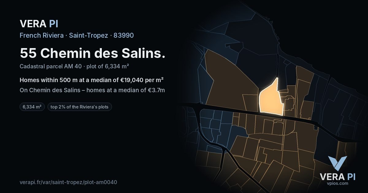 55 Chemin des Salins, Saint-Tropez at night – the plot lit, the parcels around coloured by the prices near them