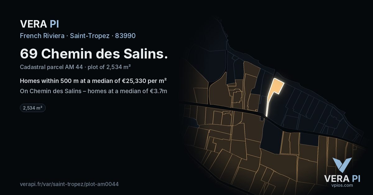 69 Chemin des Salins, Saint-Tropez at night – the plot lit, the parcels around coloured by the prices near them