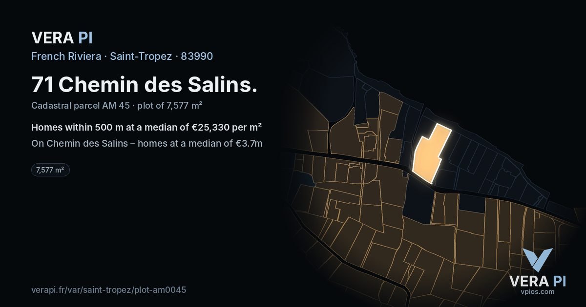 71 Chemin des Salins, Saint-Tropez at night – the plot lit, the parcels around coloured by the prices near them