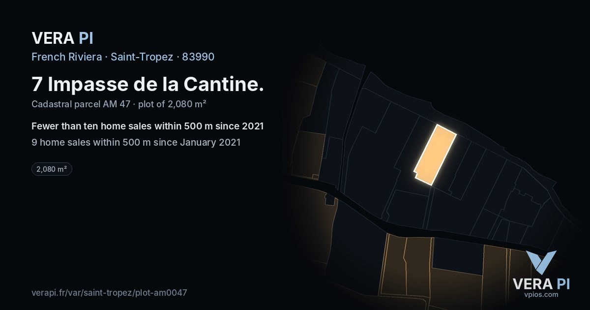 7 Impasse de la Cantine, Saint-Tropez at night – the plot lit, the parcels around coloured by the prices near them