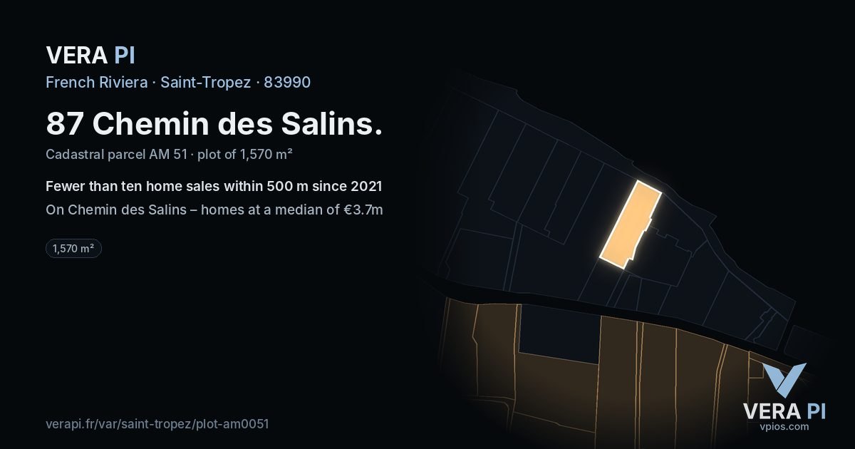 87 Chemin des Salins, Saint-Tropez at night – the plot lit, the parcels around coloured by the prices near them