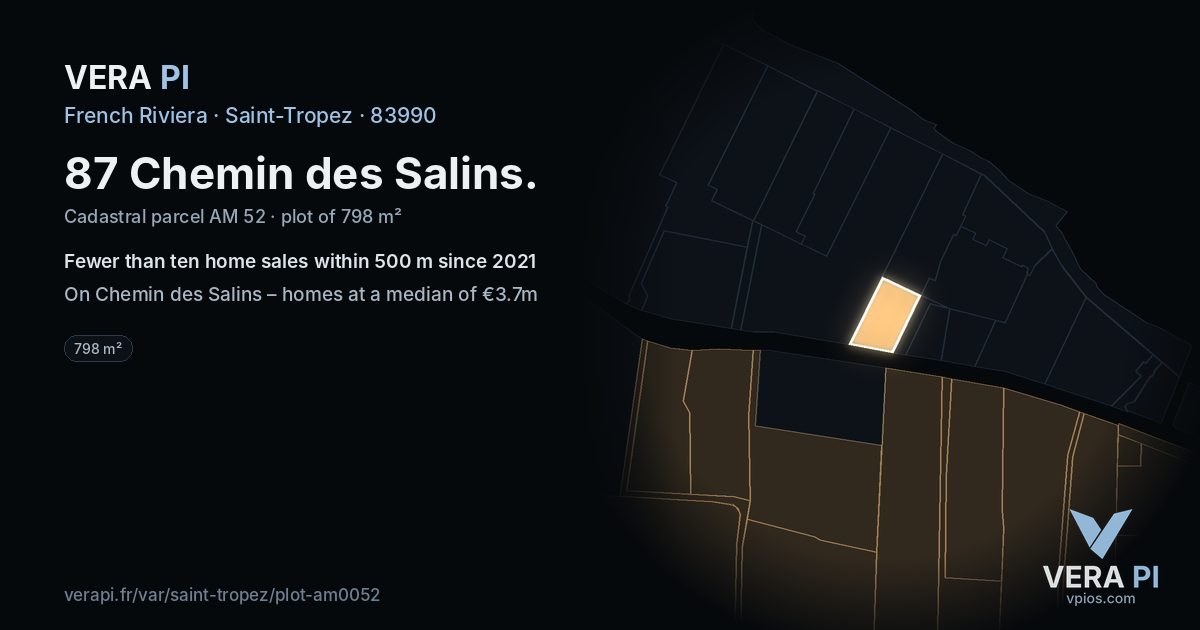 87 Chemin des Salins, Saint-Tropez at night – the plot lit, the parcels around coloured by the prices near them