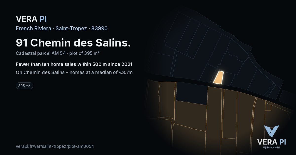 91 Chemin des Salins, Saint-Tropez at night – the plot lit, the parcels around coloured by the prices near them