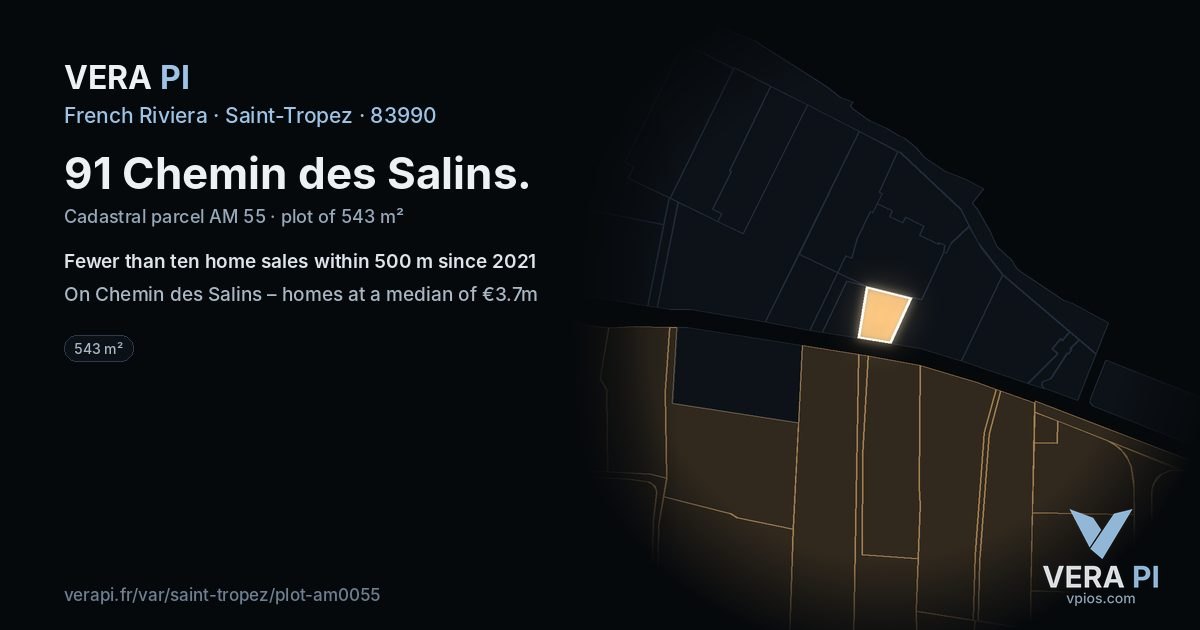 91 Chemin des Salins, Saint-Tropez at night – the plot lit, the parcels around coloured by the prices near them
