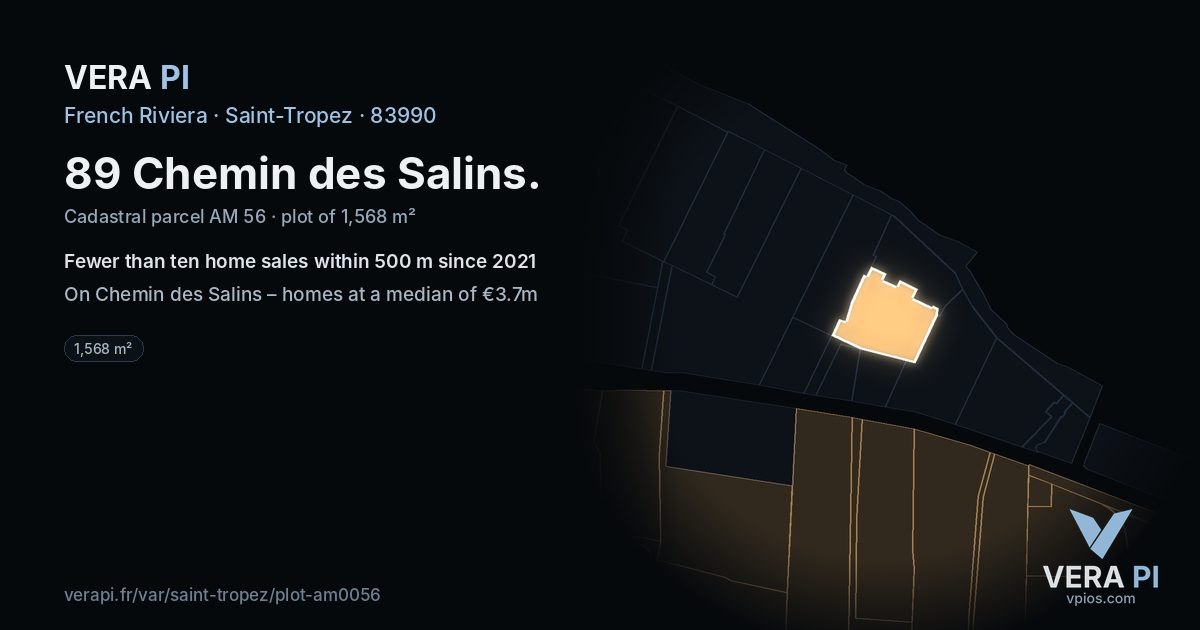 89 Chemin des Salins, Saint-Tropez at night – the plot lit, the parcels around coloured by the prices near them