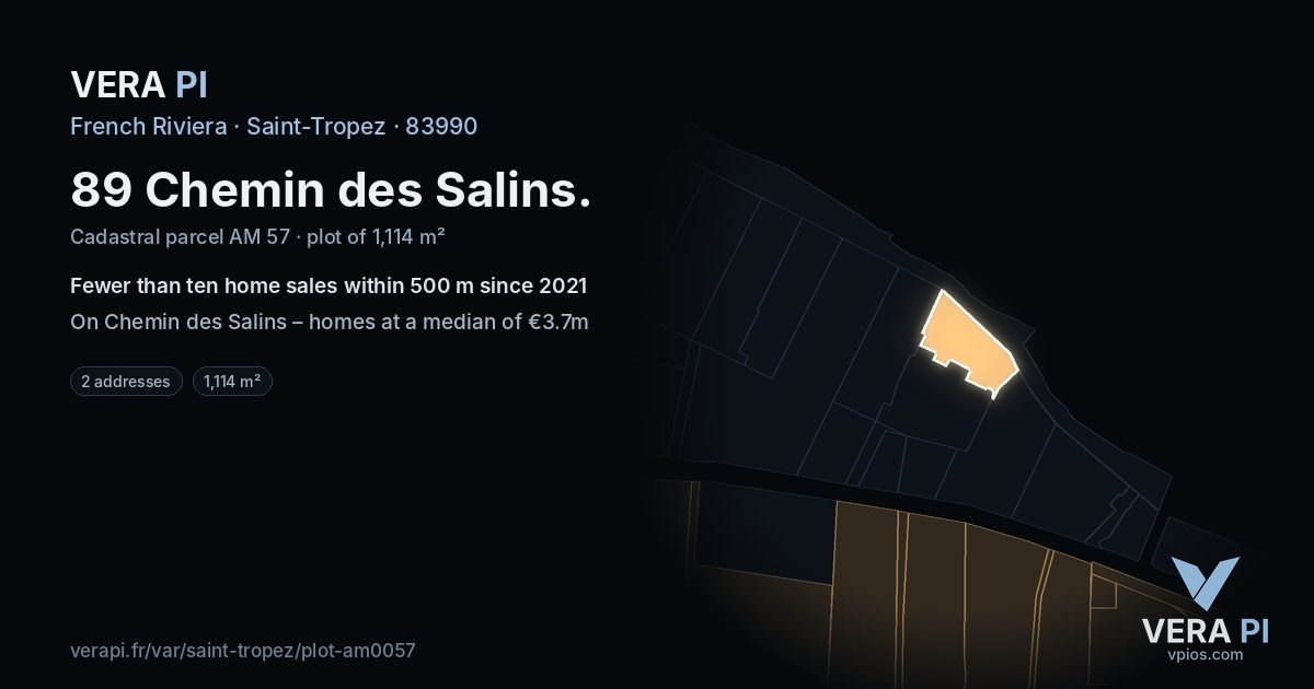 89 Chemin des Salins, Saint-Tropez at night – the plot lit, the parcels around coloured by the prices near them