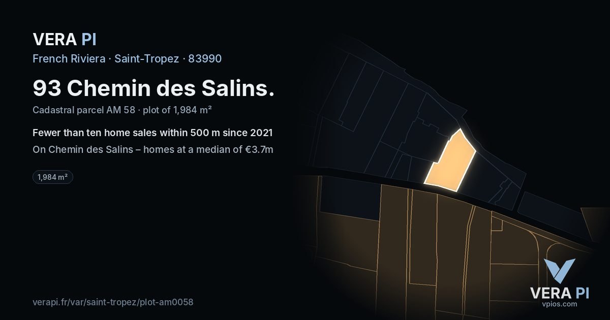 93 Chemin des Salins, Saint-Tropez at night – the plot lit, the parcels around coloured by the prices near them