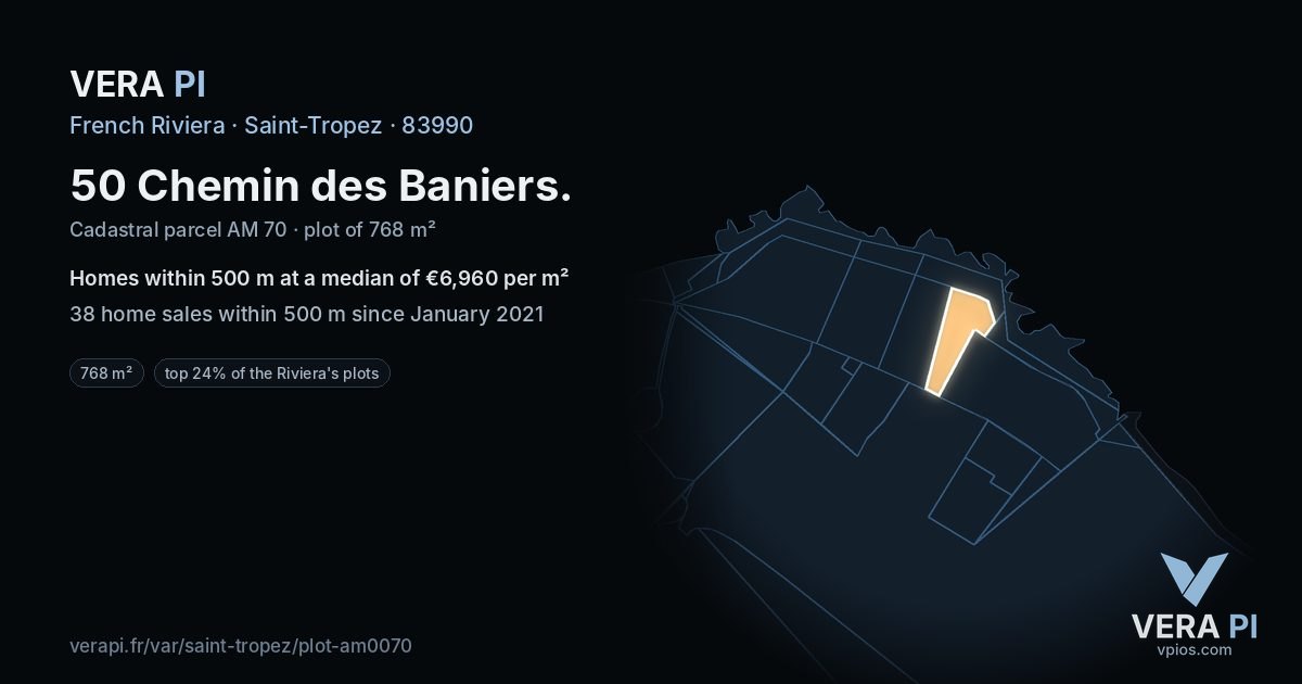 50 Chemin des Baniers, Saint-Tropez at night – the plot lit, the parcels around coloured by the prices near them