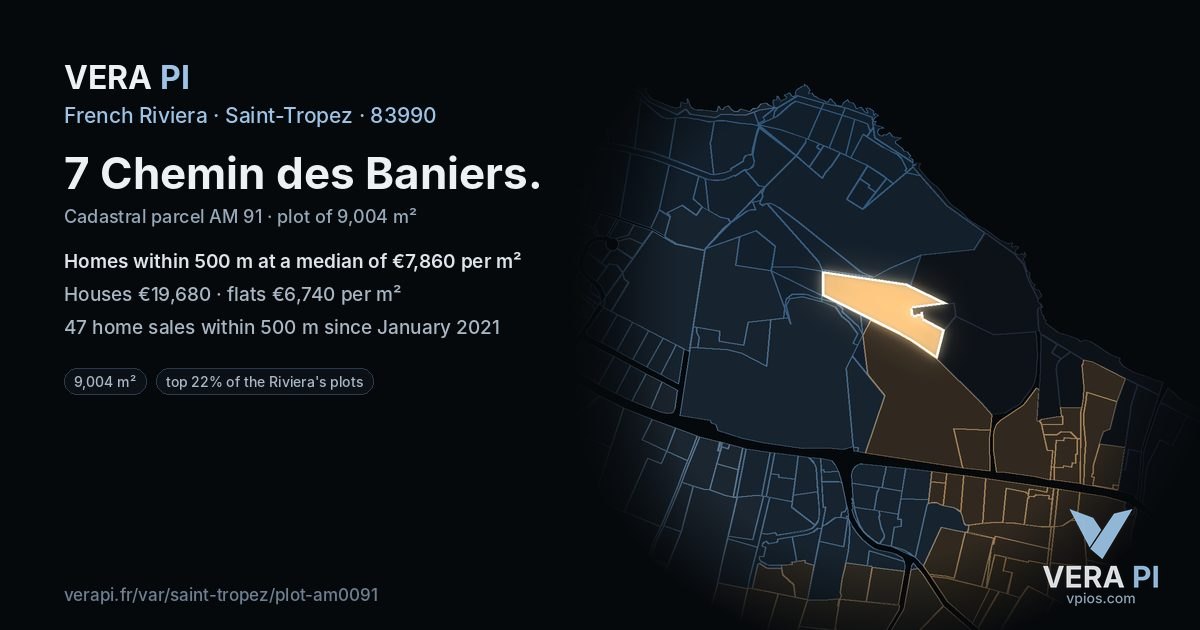 7 Chemin des Baniers, Saint-Tropez at night – the plot lit, the parcels around coloured by the prices near them