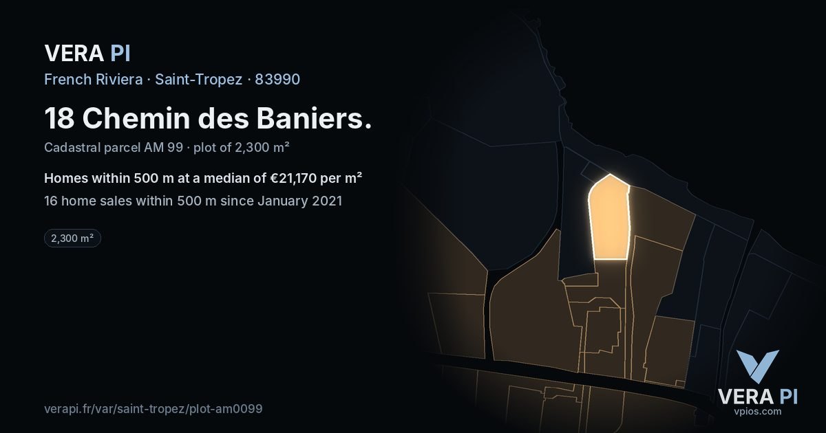 18 Chemin des Baniers, Saint-Tropez at night – the plot lit, the parcels around coloured by the prices near them
