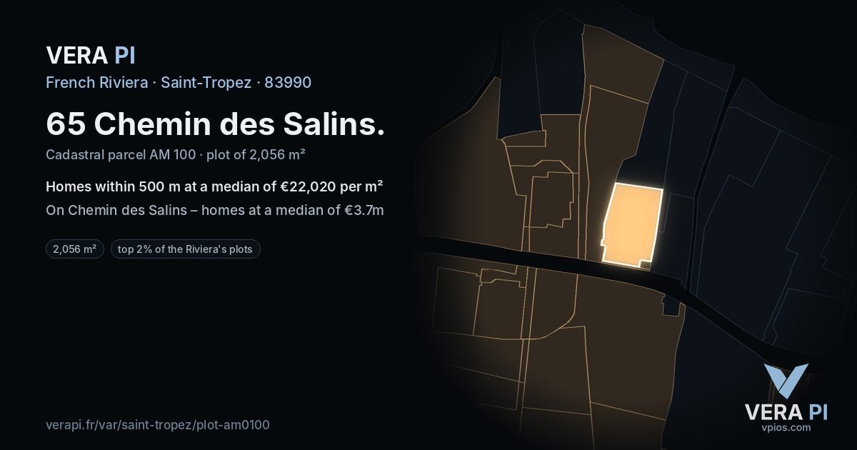65 Chemin des Salins, Saint-Tropez at night – the plot lit, the parcels around coloured by the prices near them