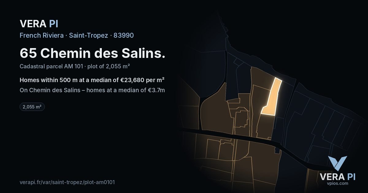 65 Chemin des Salins, Saint-Tropez at night – the plot lit, the parcels around coloured by the prices near them